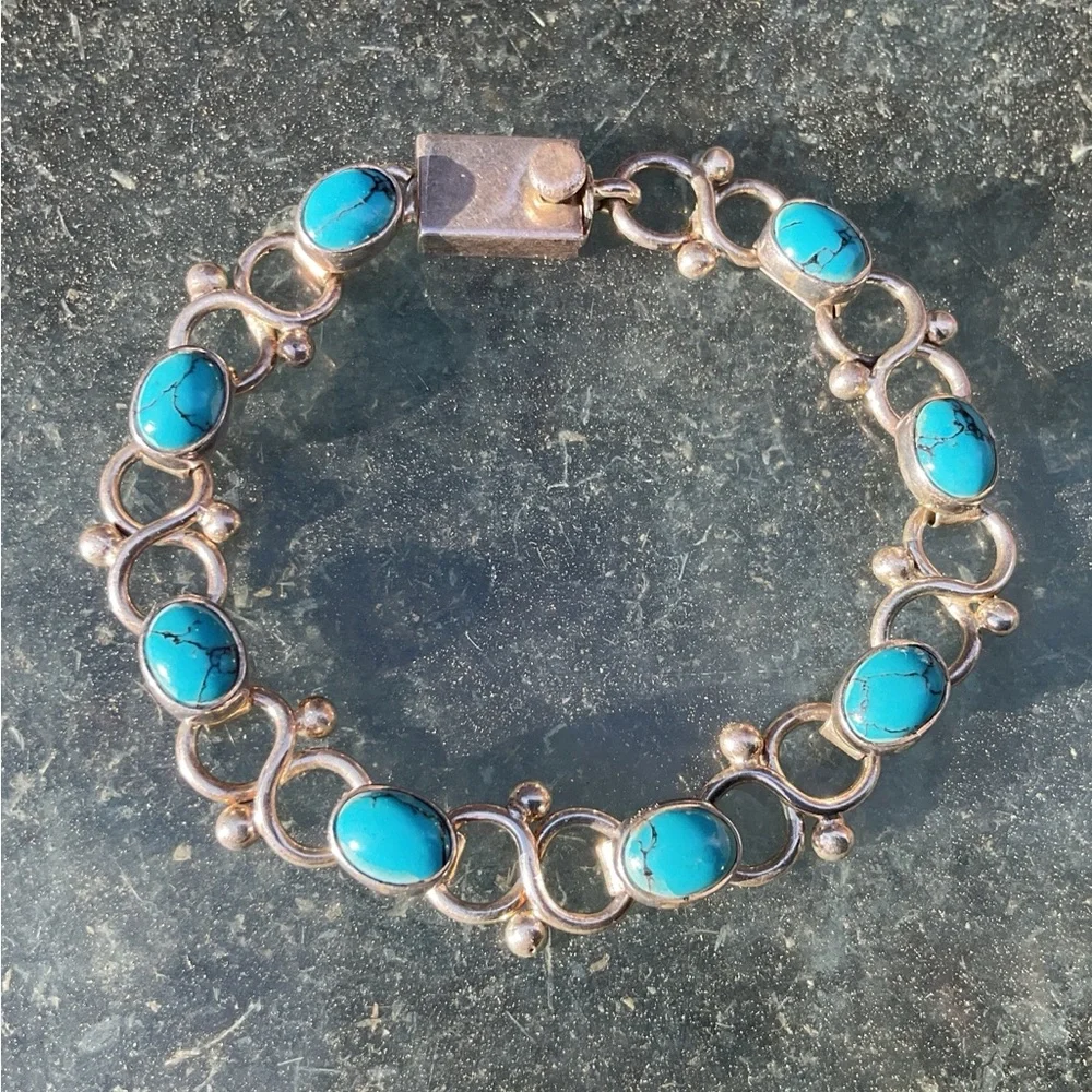 Gorgeous Mexican 925 Sterling Silver Turquoise Oval Link Chain Bracelet 7.5in - Picture 6 of 9